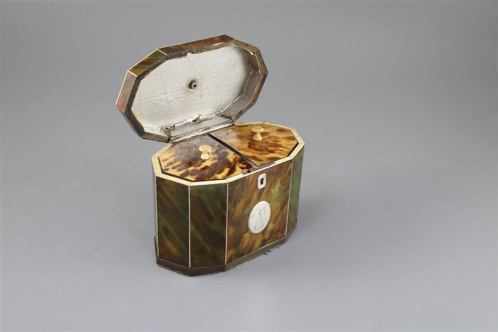 A George III silver mounted green stained tortoiseshell and ivory tea caddy, width 6in. height 5.5in.